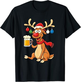 Ho Ho HOL Mir Beer Christmas Outfit Reindeer Hat Fun Xmas T-Shirt