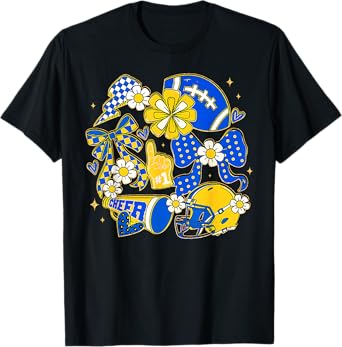 Retro Blue & Gold Cheer Football Game Day Coquette Bow T-Shirt
