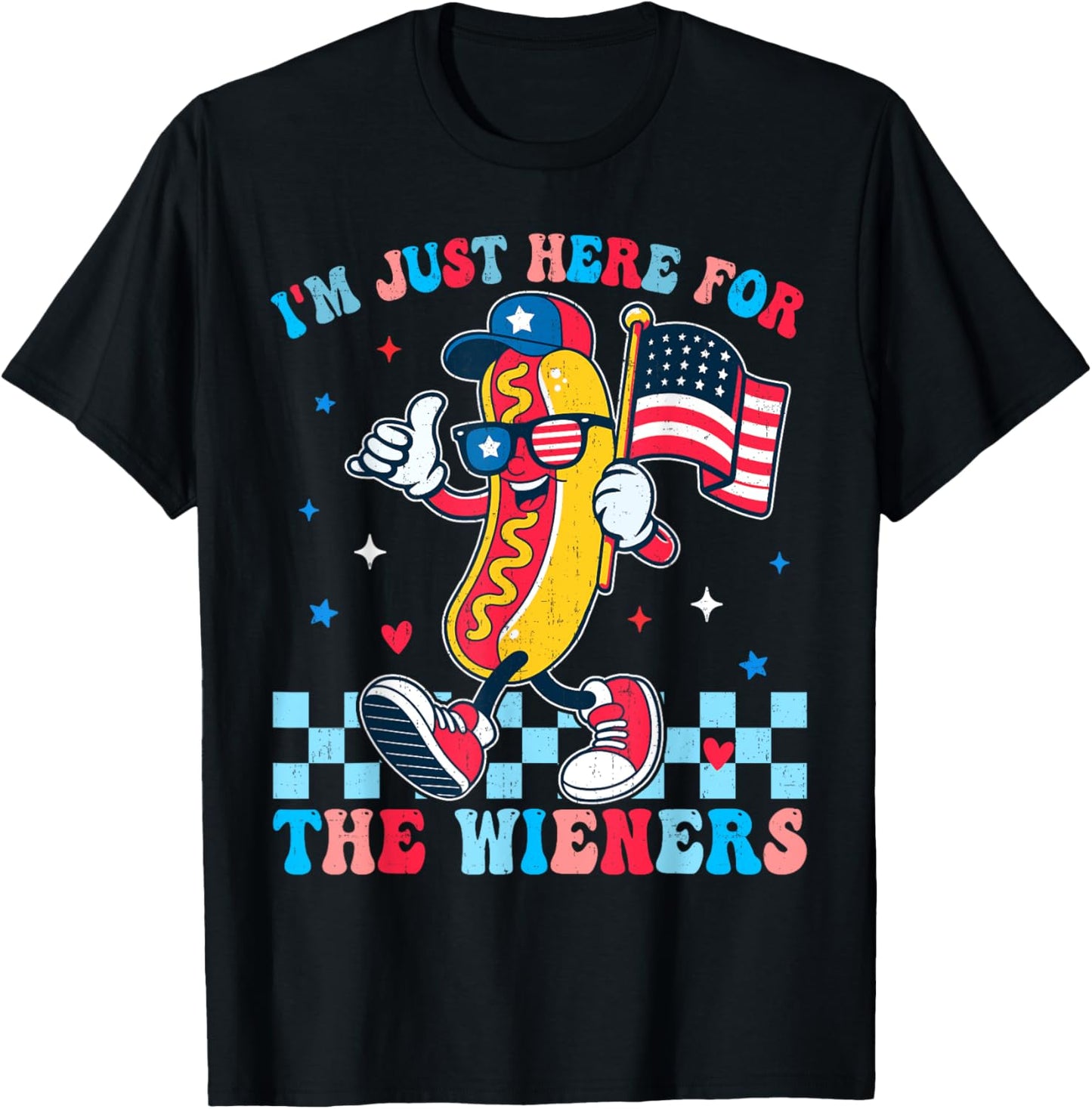 I’m Just Here For The Wiener July 4th Funny Checkered Hotdog T-shirt