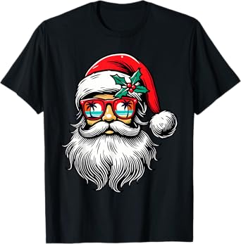 Santa Face Retro Sunglasses Hawaii Christmas Xmas Tropical T-Shirt
