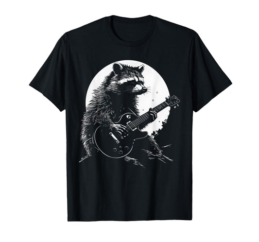 Racoon Playing Guitar with Moon Funny Raccoon Meme Guitarist T-Shirt