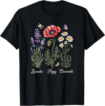 Vintage Lavender Poppy Chamomile Flower Garden T-Shirt