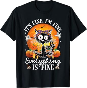 Black Cat It's Fine I'm Fine Everything Is Fine Halloween T-Shirt for Men Women