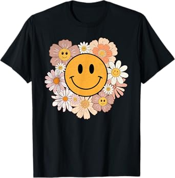 Retro Groovy Smile Happy Face Cute Hippie Flowers 70s T-Shirt
