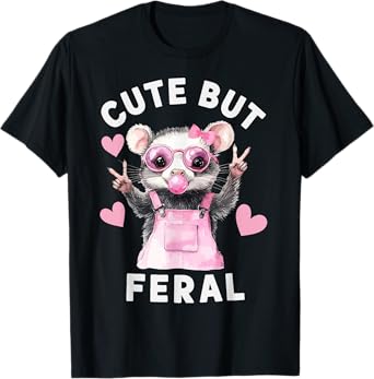 Cute But Feral Funny Pink Opossum With Glasses Toddler Girls T-Shirt