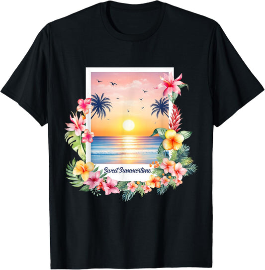 Summer Vibes Sunset Beach Vacation Palm Tree Tropical Trip T-Shirt