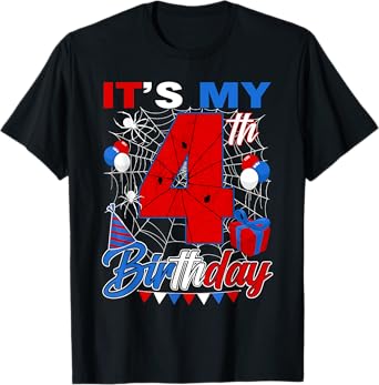 It's My 4th Birthday Spider Theme 4 Year Old Party Boys Kids T-Shirt