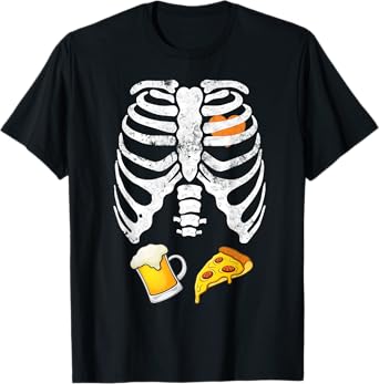 Skeleton Halloween Beer Pizza Funny Pregnancy X Ray T-Shirt