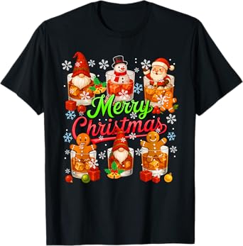 Merry Christmas Group Santa Gnome Cookies in Bourbon Glasses T-Shirt