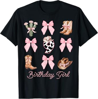 9th Birthday Girl Cowgirl Coquette Bow Rodeo Western Bday T-Shirt
