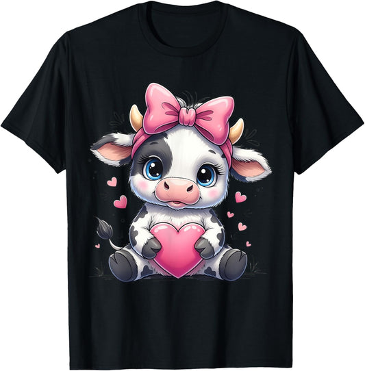 Awesome Cute Cow Holding Heart Pink Funny Cow Farmer T-Shirt