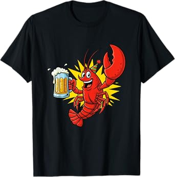 Happy Cartoon Lobster with Beer Cheers T-Shirt