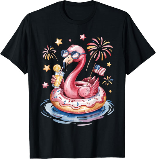 Flamingo Float Patriotic Summer Animal 4th Of July T-shirt
