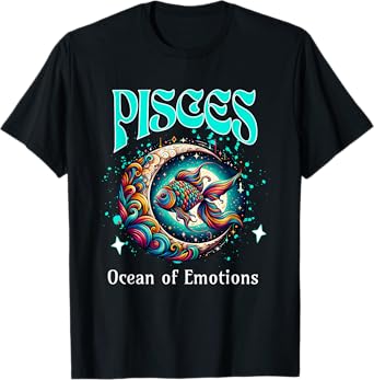 Pisces Ocean of Emotions Moon and Fish Cosmic Zodiac Design T-Shirt