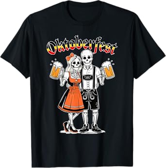 Funny Skeleton Couple Oktoberfest Pretzel Beer Party Adults T-Shirt