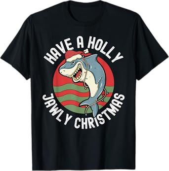 Funny Shark Lover Christmas Holly Jawly Santa Jaws Pun T-Shirt