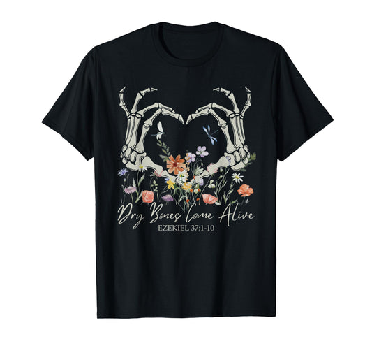 Retro Dry Bone Come To Life Funny Skeleton Hand Floral T-Shirt