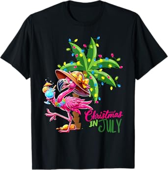 Christmas In July Flamingo Beach Summer Hawaii Girls Womens T-Shirt