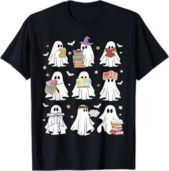 Funny Ghost Reading Book Retro Halloween Teacher T-Shirt