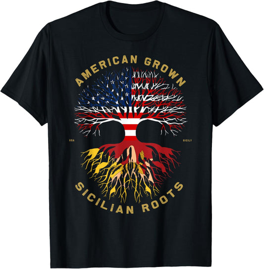 American Grown With Sicilian Roots Tree USA Flag Gifts Idea T-Shirt