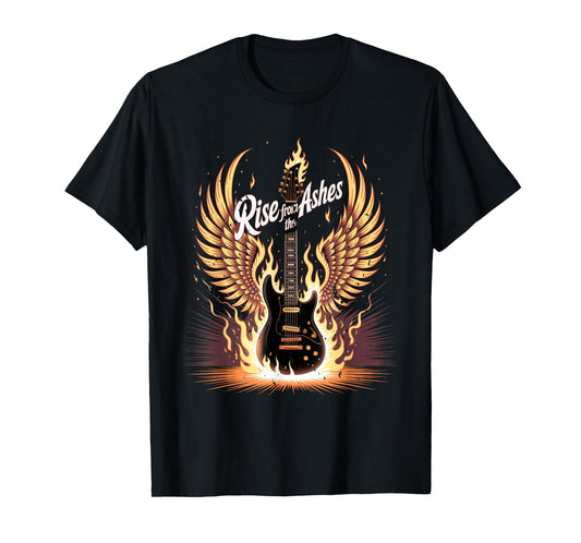 Electric Guitar Graphic with Fiery Winged Silhouette in Blac T-Shirt