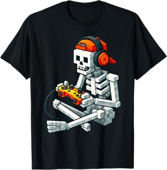 Halloween Skeleton Gamer Pixel Video Gaming Boys Men Kids T-Shirt