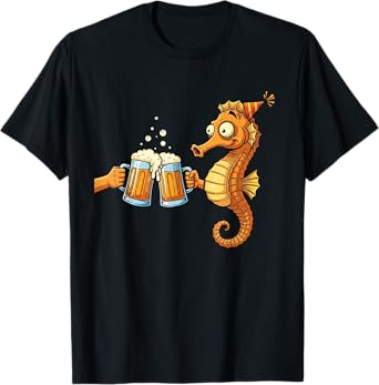 Funny Seahorse Drinking Beer Party Ocean Animal Cheers T-Shirt