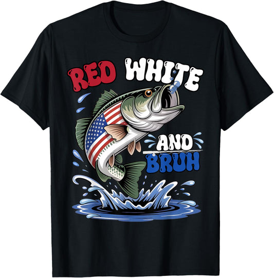 Red White And Bruh American Flag Boys Fishing 4th Of July T-shirt