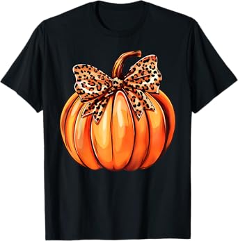 Coquette Bow Leopard Pumpkin Thanksgiving Rustic Fall Women T-Shirt