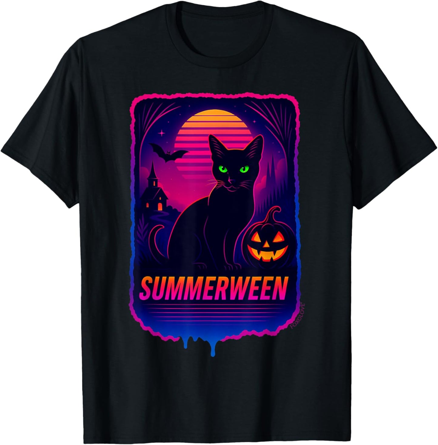 Retro Black Cat Synthwave Neon Spooky Goth Cute Art T-Shirt