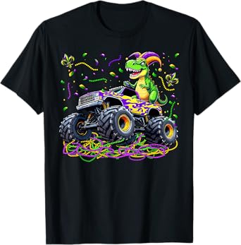Mardi Grawr Mardi Gras Dinosaur T-rex Monster Truck Boy Kid T-Shirt