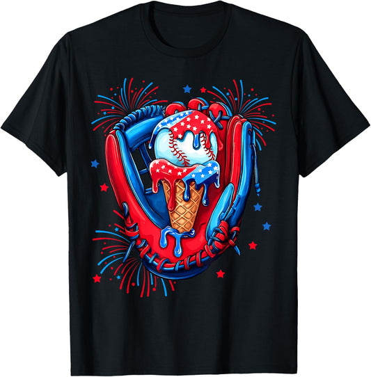 Baseball Glove Drip Ice Cream American Flag 4th Of July Boys T-shirt