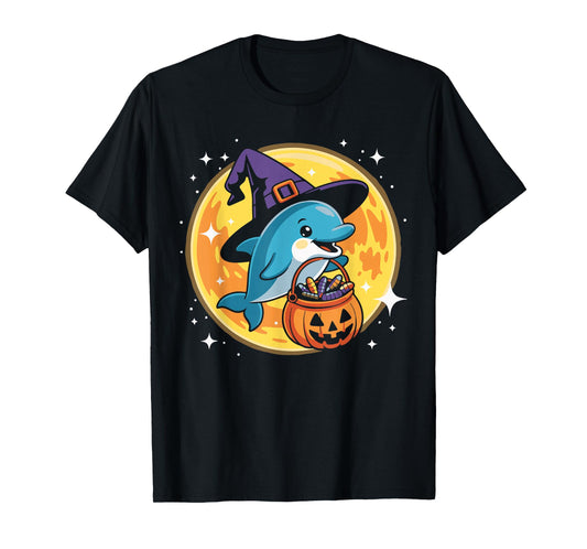 Halloween Dolphin Witch Hat Pumpkin Ocean Spooky Costume T-Shirt
