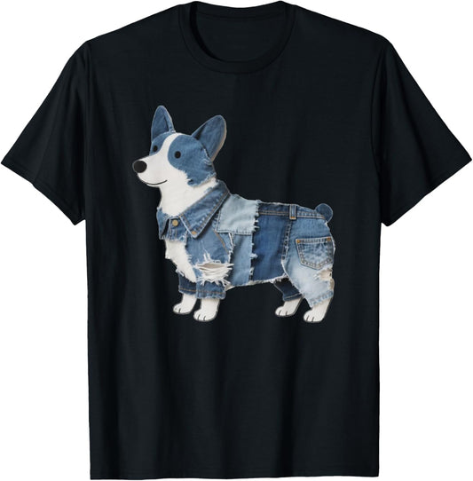 Cute Denim Dog Corgi Pattern Patchwork Art Corgi Denim T-Shirt