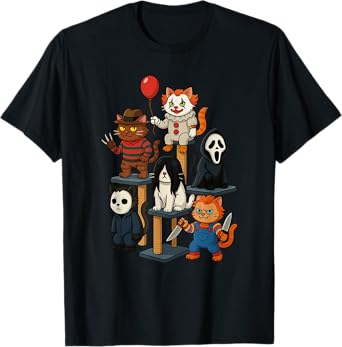 Creepy Cat Stack Funny Tower Cat Horror Movies Halloween T-Shirt for Men Women