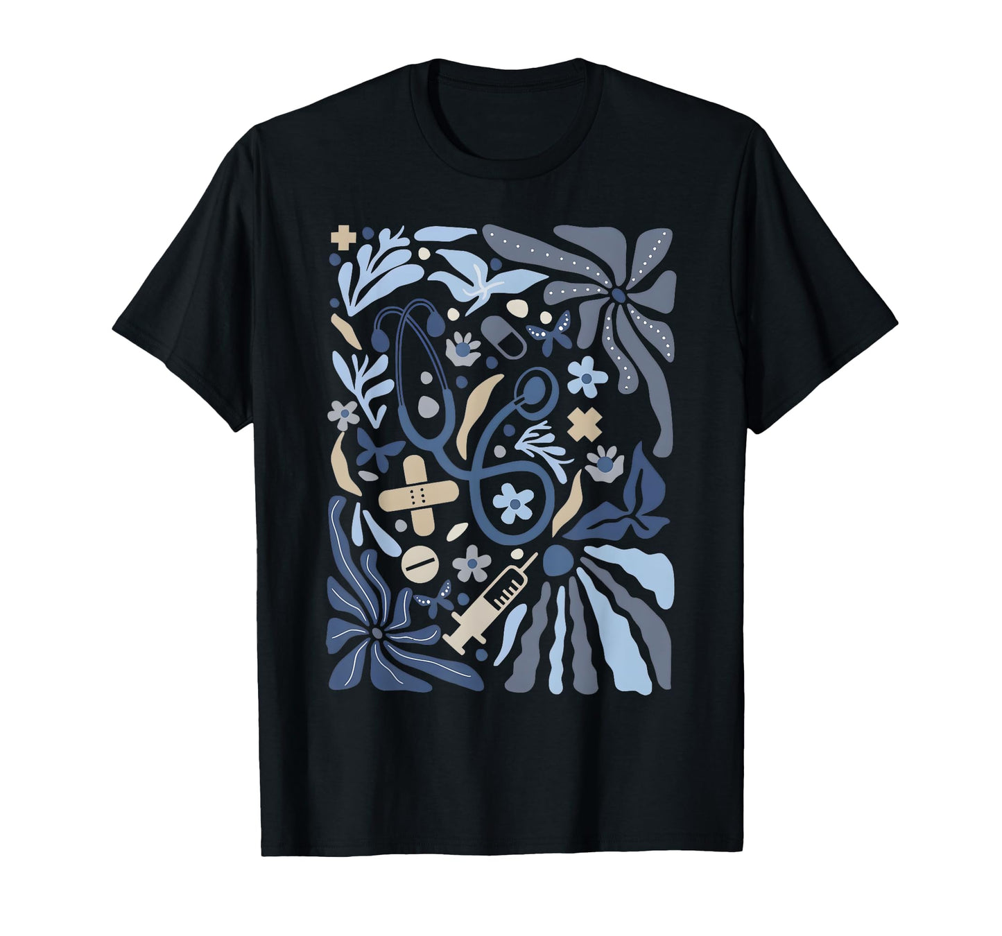 Boho Floral Nurse Vintage Botanical Blue Flowers Stethoscope T-Shirt