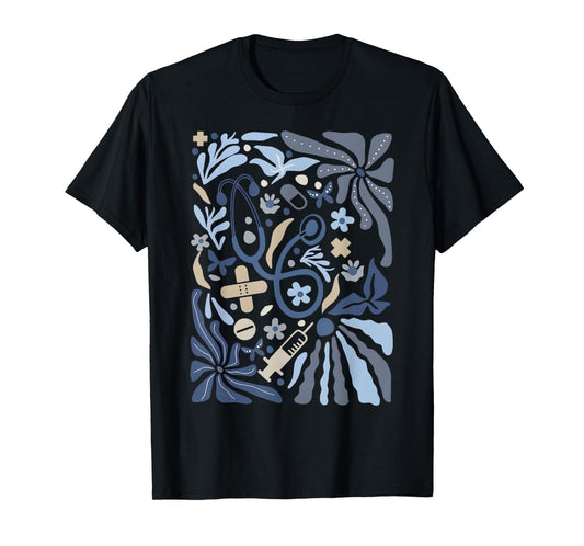 Boho Floral Nurse Vintage Botanical Blue Flowers Stethoscope T-Shirt
