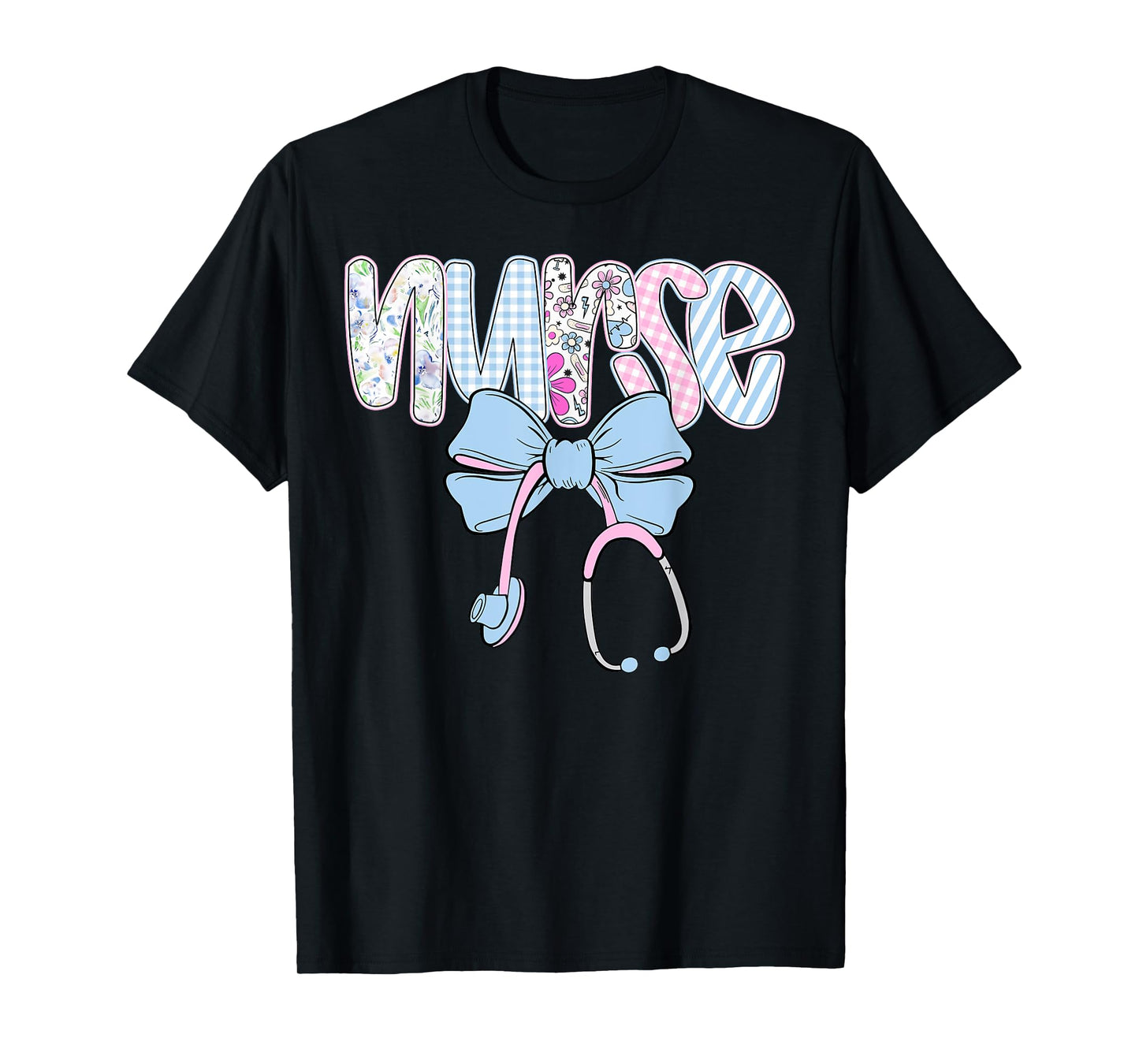 Nurse Floral Blue Coquette Bow Nurse Stethoscope RN CNA ER T-Shirt