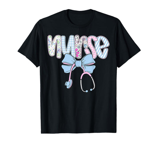 Nurse Floral Blue Coquette Bow Nurse Stethoscope RN CNA ER T-Shirt