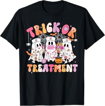 Trick Or Treatment Ghost Nurse Halloween Costume Girl Women T-Shirt