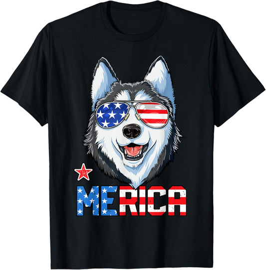 Siberian Husky 4th of July Merica Men Women American Flag T-Shirt