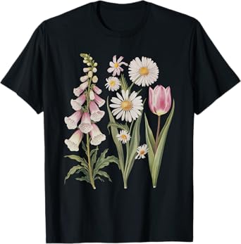 Foxglove Daisy Tulip Wildflower Garden Harmony Design T-Shirt