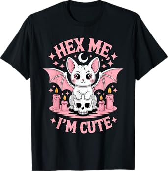 Kawaii Cat with Wings Skull Candles and Crescent Moon in Got T-Shirt