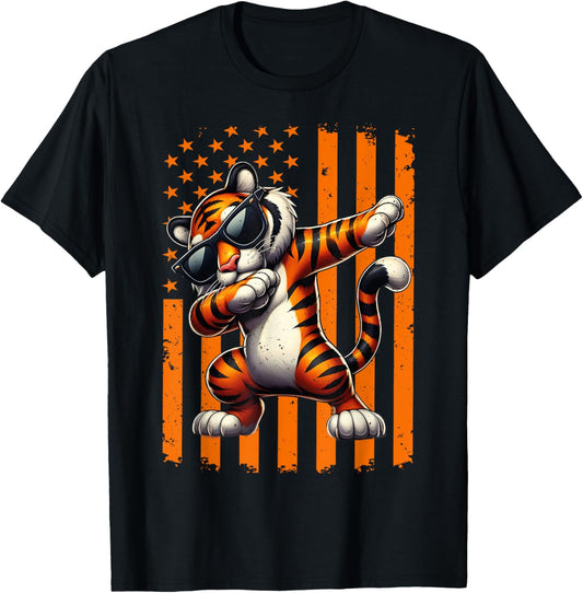 Graphic Tiger Retro American Flag Tiger Dabbing Tigers Lover T-Shirt