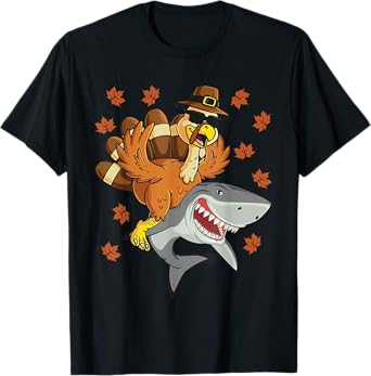 Thanksgiving Turkey Riding Shark Funny Toddler Boys Kids T-Shirt