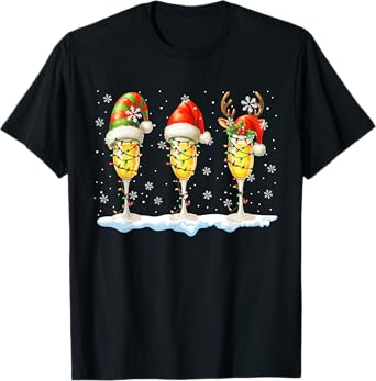 Three Santa Reindeer Elf Glasses Of Champagne Xmas Drunker T-Shirt