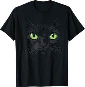 Black Cat with Green Eyes T-Shirt for Men Women Kids