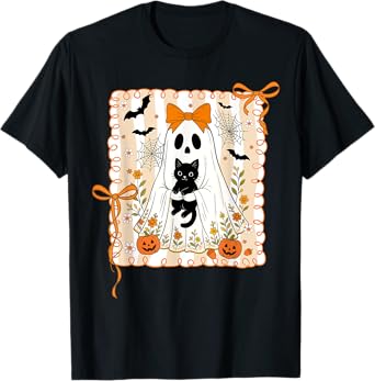 Spooky Ghost Holding Black Cat Halloween Coquette Bow T-Shirt