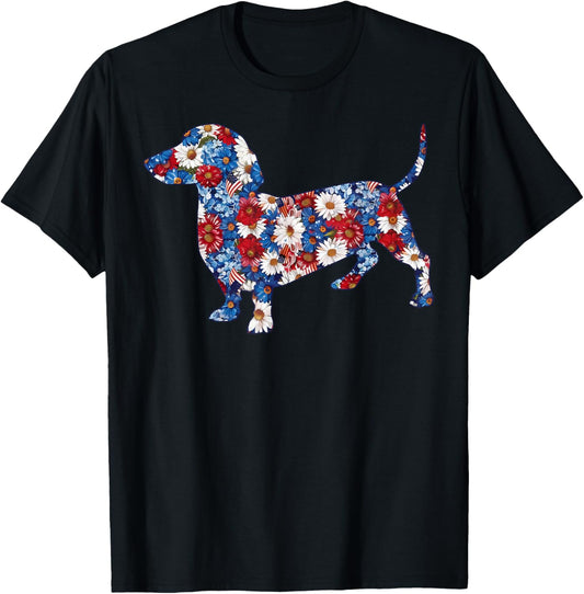 Cute Dachshund Flower Red White Blue US Flag 4th Of July T-Shirt