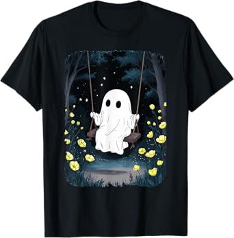 Vintage Ghost Swinging in Forest Night Halloween Floral T-Shirt